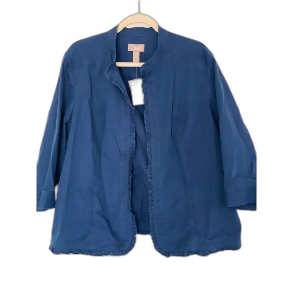 Chico's 3 Navy Open Front Ruffle Hem Blazer Jacket US XL/16 NEW Timeless Career